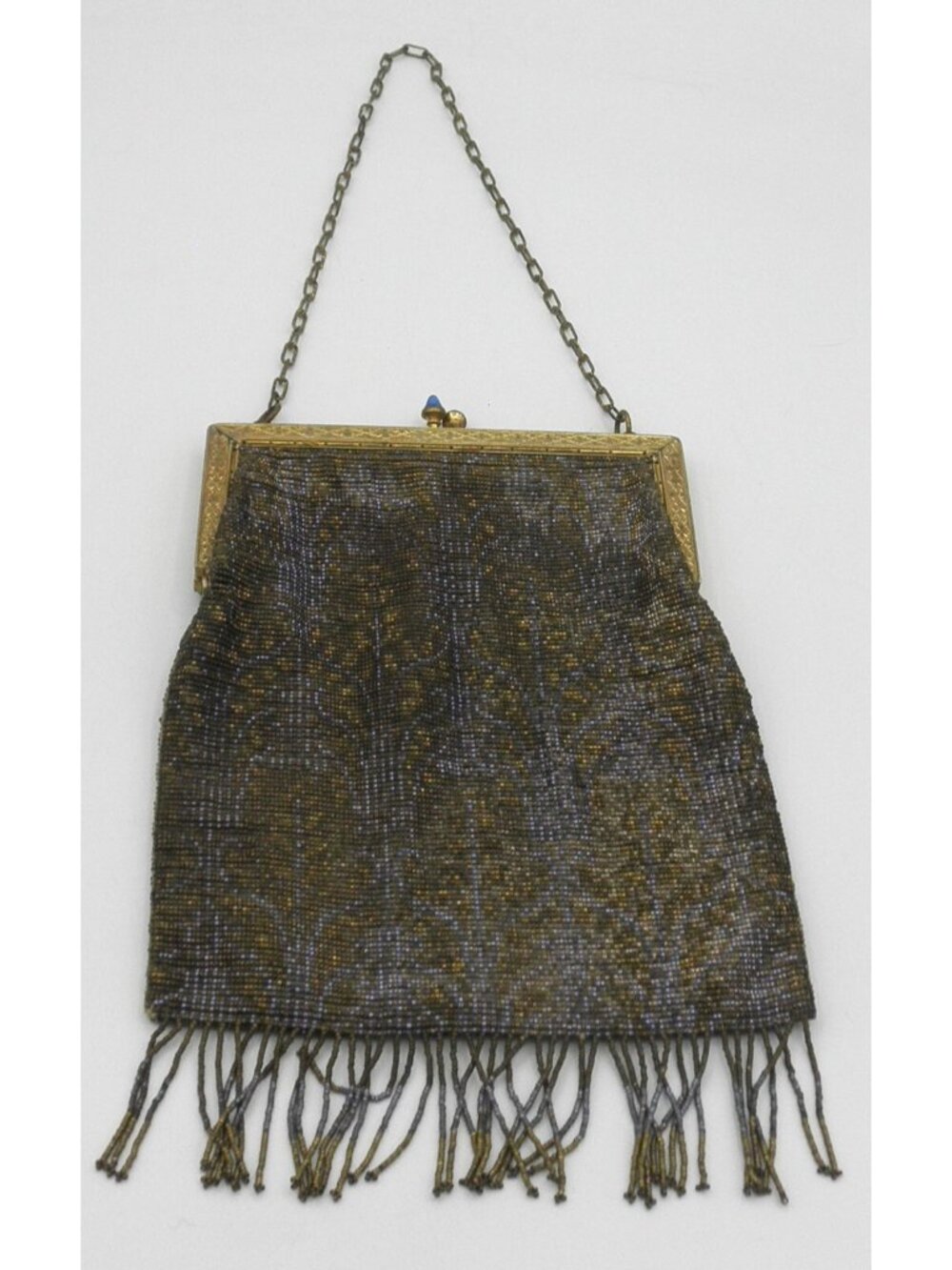 Vintage Antique Micro Beaded Purse Art Deco Evening Bag Gold Blue with Fringe - Picture 2 of 14